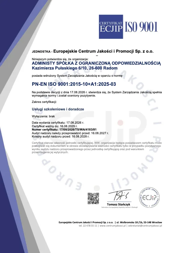Certyfikat ISO 9001 Administy — usługi szkoleniowe i doradcze